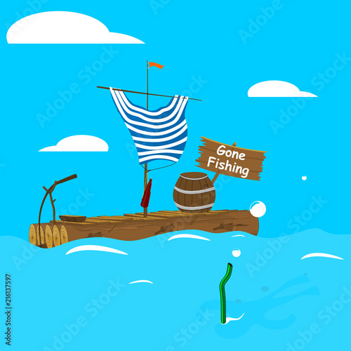 Gone fishing. An empty cartoon raft with a shadow of a man snorkeling alongside. Flat vector.