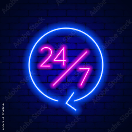 Neon sign 24 7 on brick wall background.