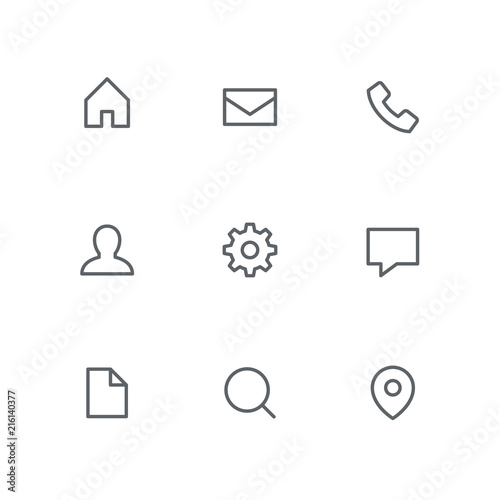 Basic outline icon set - home, mail, telephone, person, gear wheel, chat, file, search and address pointer symbols. Internet, website and contacts, office and business main vector signs.