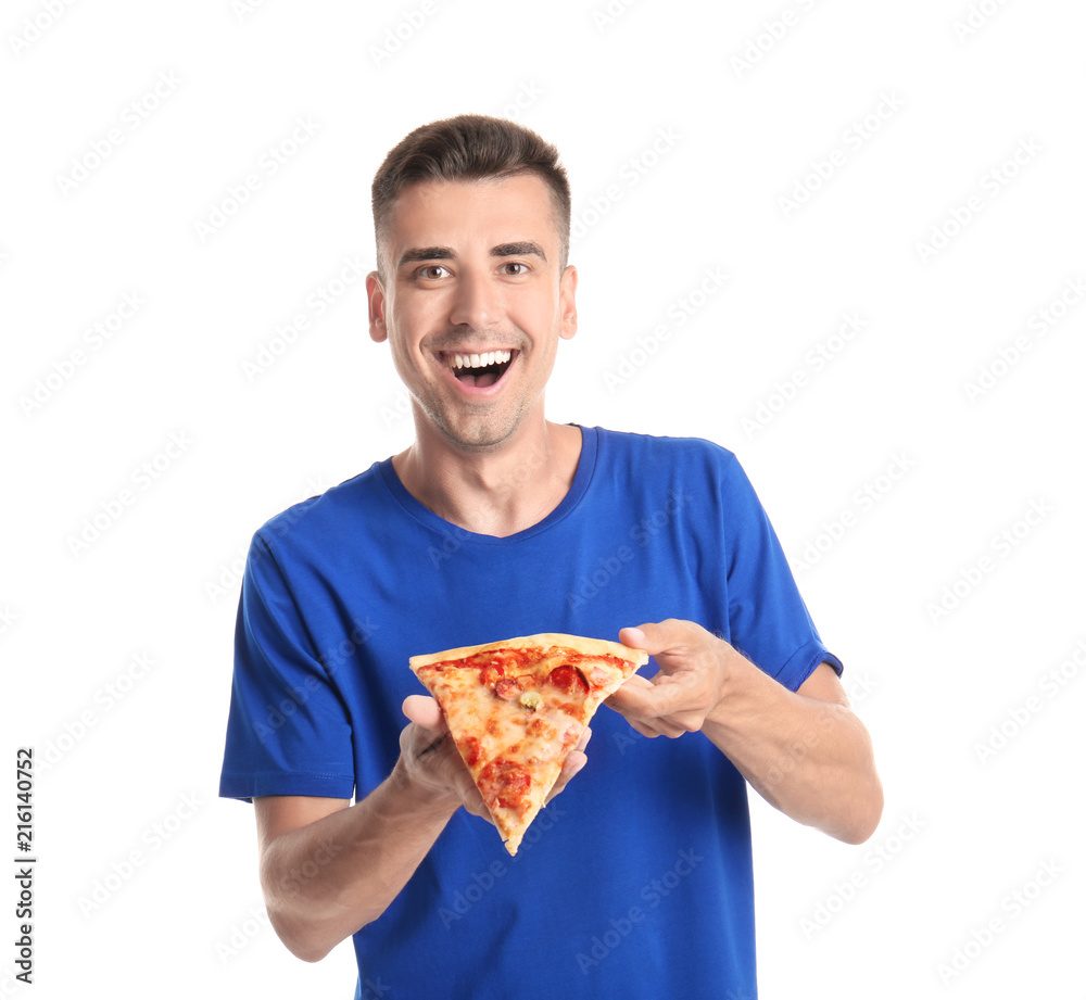 Handsome young man with delicious pizza on white background Handsome young man with delicious pizza on white background