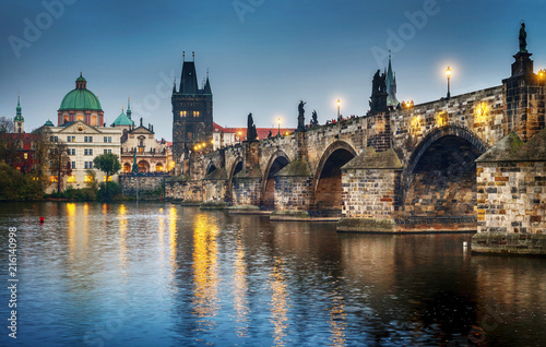 It's evening in the city of Prague. View of the Charles bridge. Czech Republic. © Tryfonov