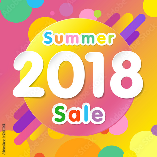 Summer sale 2018 background with flat dynamic circle design. Special offer modern yellow colored memphis for posters, flyers and banner designs. Vector illustration