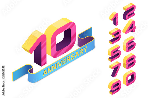 Anniversary emblem template. 3d style isometric numbers and colorul ribbon. Vector icons and design elements for poster, flyer, greeting cards, invitation.