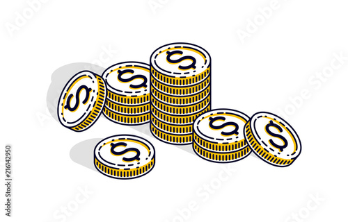 Cash money coin cent stacks isolated on white background. Vector 3d isometric business and finance illustration, thin line design.