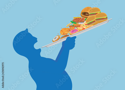Fat man try to devour all junk food in one time with lifting a tray. Illustration about overeating.