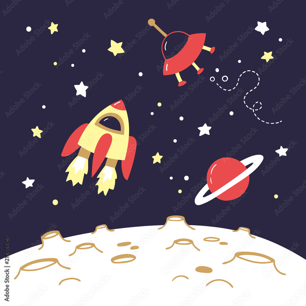 Space objects above the moon. Flying spaceship, Saturn and a flying saucer above the craters of the moon. Vector illustration. Space objects above the moon. Flying spaceship, Saturn and a flying saucer above the craters of the moon. Vector illustration.