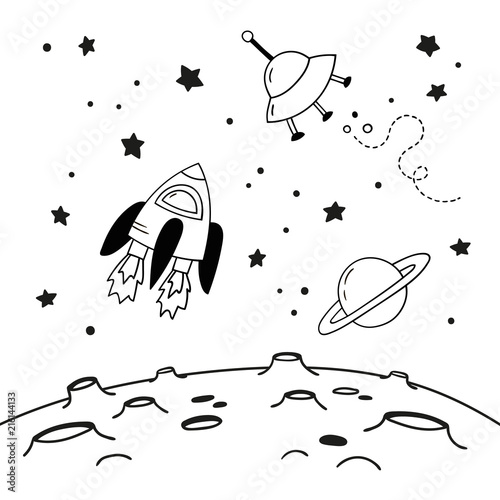 Space flying objects above the moon. Doodles of a spaceship, Saturn and a flying saucer above the craters of the moon. Black and white vector illustration.