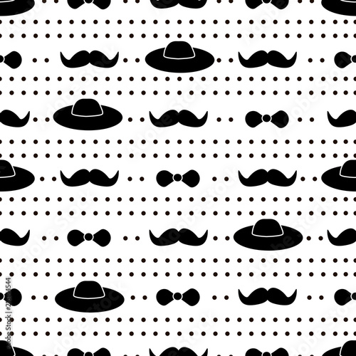 Seamless pattern with black mustache, bow tie and hat .