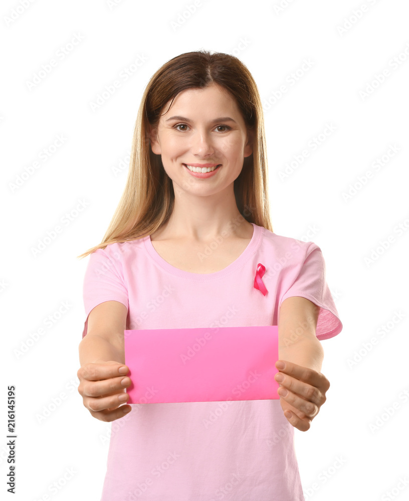 Beautiful woman with pink ribbon holding card on white background. Breast cancer concept Beautiful woman with pink ribbon holding card on white background. Breast cancer concept