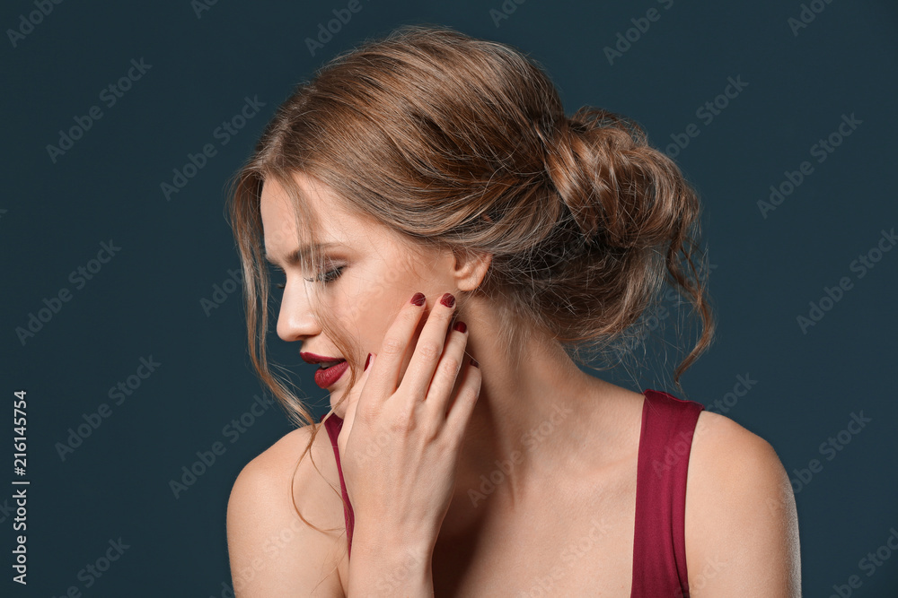 Fashionable young woman with beautiful manicure on color background Fashionable young woman with beautiful manicure on color background