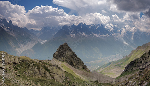 Alpine views across the Mont Blanc Valley towards chamonix and the Mont Blanc Massive in the French Alps.