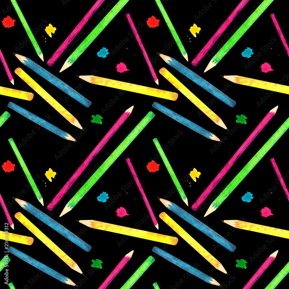 Seamless pattern made of watercolor painted school accessories on black background.