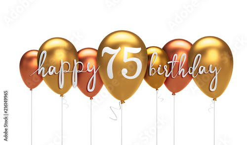 Happy 75th birthday gold balloon greeting background. 3D Rendering