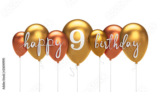 Happy 9th birthday gold balloon greeting background. 3D Rendering