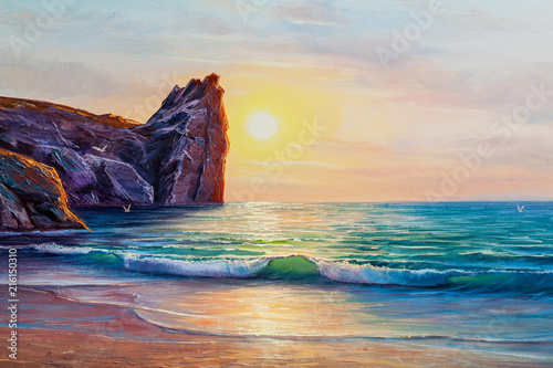 Fototapeta Naklejka Na Ścianę i Meble -  Sunset on the sea, painting by oil on canvas.