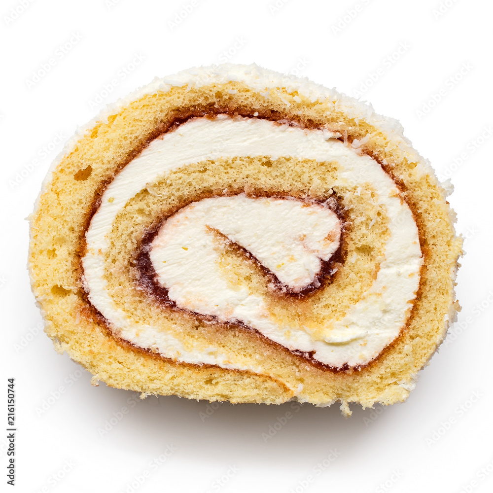 Fototapeta premium Slice of coconut swiss roll with cream and jam isolated on white from above.