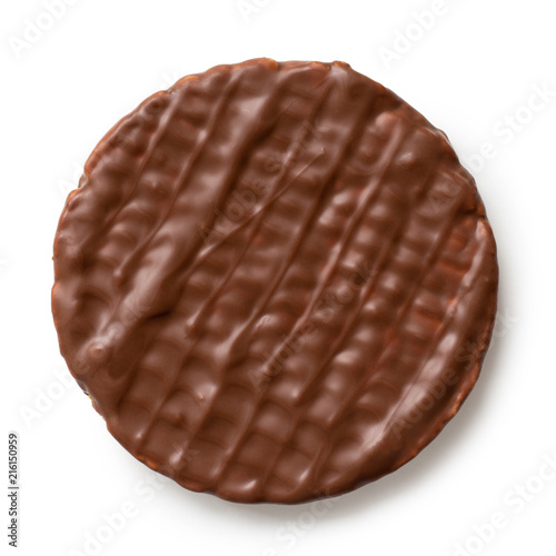 Whole chocolate rice cake isolated on white from above.