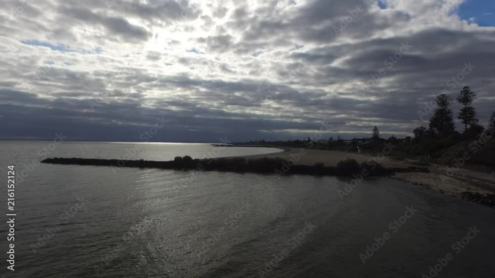 Drone aerial pan left to right of overcast Hampton beach, Melbourne Australia. Drone aerial pan left to right of overcast Hampton beach, Melbourne Australia.