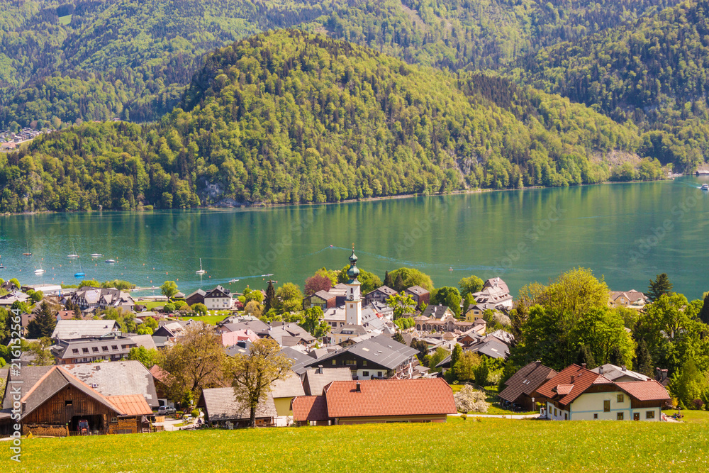 View of alpine town St. Gilgen on Wolfgangsee lake on a beautiful sunny day. Salzburger Land, Austria