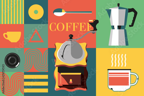 Coffee time abstract style. Coffee mill, coffee cup and coffee machine. Flat vector illustration