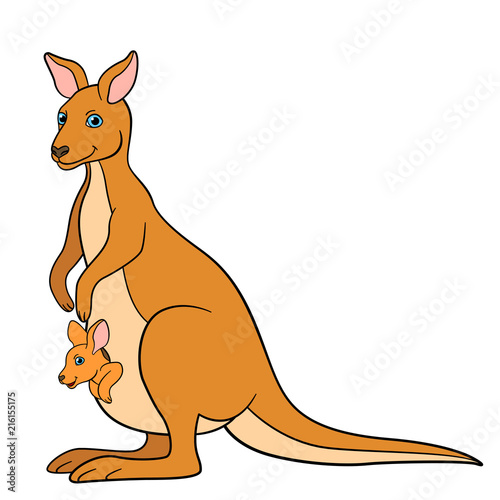 Cartoon animals. Mother kangaroo with her little cute baby.
