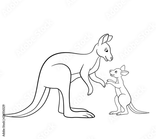 Coloring pages. Mother kangaroo with her little baby.