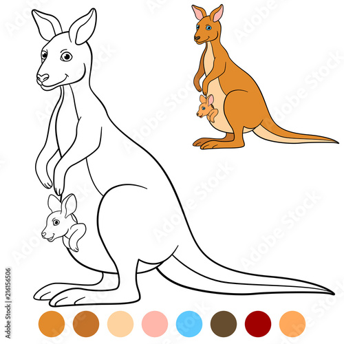 Color me  kangaroo. Mother kangaroo with her little baby.