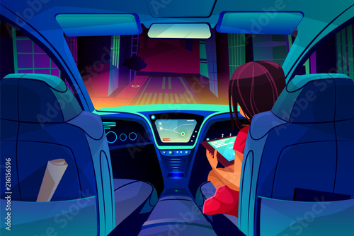Girl control or manage smart autonomous car vector illustration. Woman on passenger seat in driverless car with internet tablet dashboard and navigation system in city for transportation technology