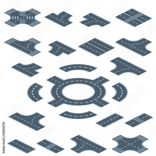 Road marking constructor isometric vector illustration. Isolated traffic streets and highways with turns, crossings or intersections and transport interchange junction for city map elements template