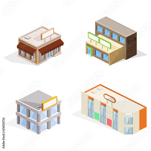 Trade buildings vector illustration of isometric shop, supermarket store and business center, cafe or restaurant with signage, glass shop-windows and awning. Modern architecture facade isolated models