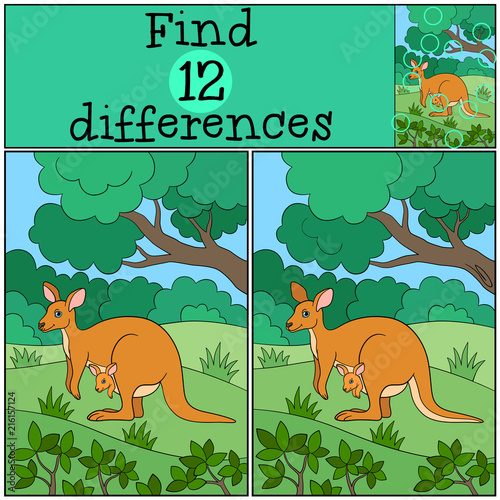 Educational game: Find differences. Mother kangaroo with her baby.