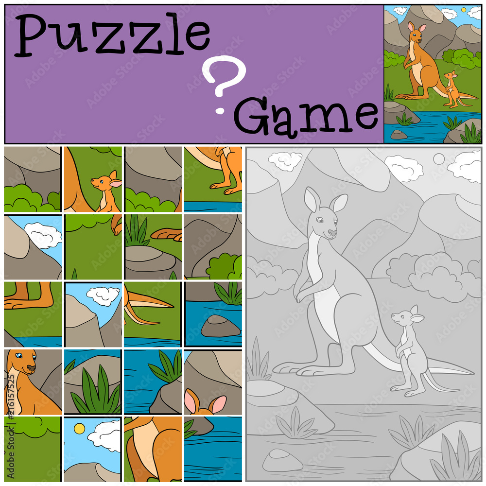 Fototapeta premium Education game: Puzzle. Mother kangaroo with her baby.