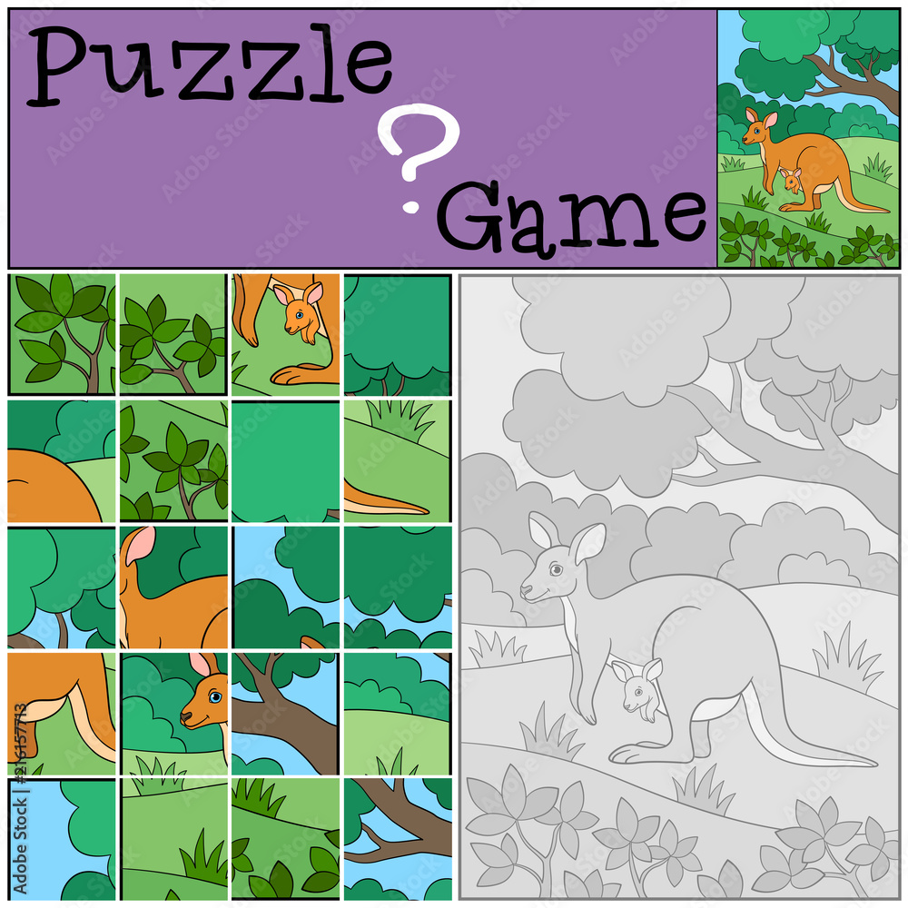 Fototapeta premium Education game: Puzzle. Mother kangaroo with her baby.