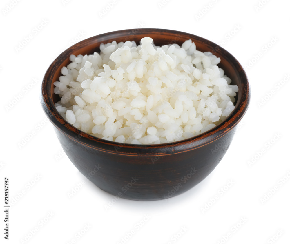 Bowl with freshly cooked rice on white background Bowl with freshly cooked rice on white background