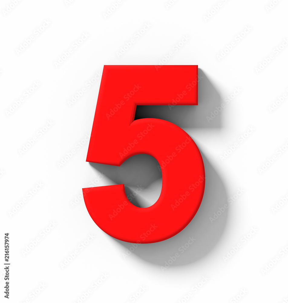 number 5 3D red isolated on white with shadow - orthogonal projection number 5 3D red isolated on white with shadow - orthogonal projection
