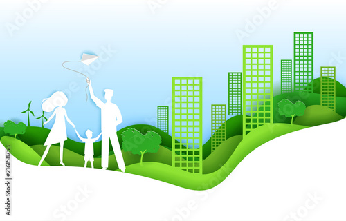 Happy family with kid green city concept. Vector illustration in paper art origami style. Paper cut craft design. Ecology poster