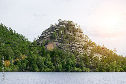 Mountain landscape at sunset, Borovoe Lake, Burabai, Kazakhstan photo