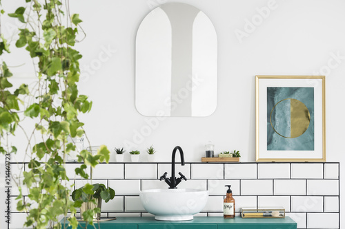 Mirror and poster in white bathroom interior with washbasin and plant. Real photo