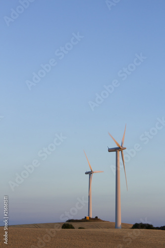 Wind turbines at a field for agriculture in the island of Jylland, Denmark. Rolling hills at dusk.
