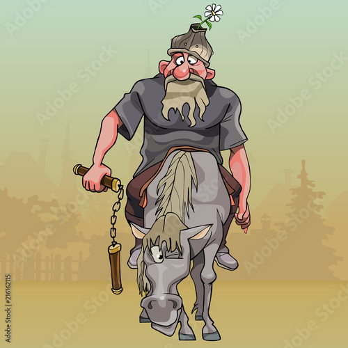 cartoon funny warrior on horseback with nunchuck