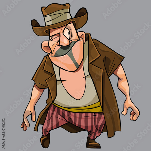 cartoon funny with a cunning squinting man a robber in a hat