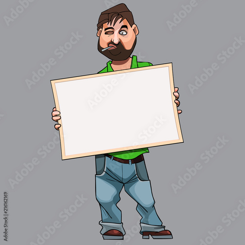 cartoon man with a cigarette in his mouth holding an empty signboard