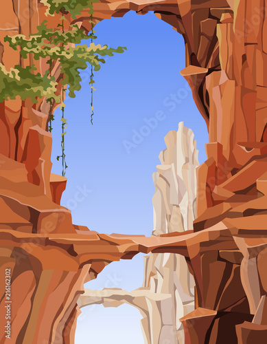 painted landscape of rocky mountains with arches and bridges