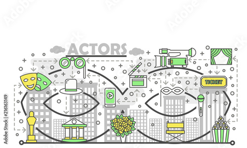 Vector thin line art actors poster banner template
