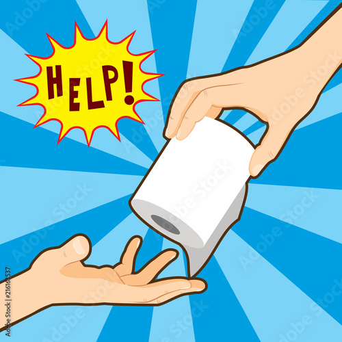Helpful hand holding toilet paper passing to receiving hand in need help concept