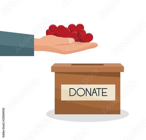 Hand depositing donation inside cardboard boxcartoons vector illustration graphic design