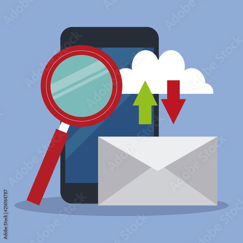 Smartphone and magnifying glass with email vector illustration graphic design