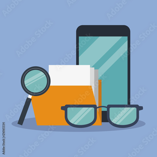 Smartphone and folder with glasses vector illustration graphic design