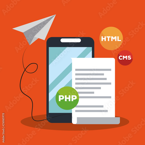 Software and programming smartphone with html php and cms vector illustration graphic design