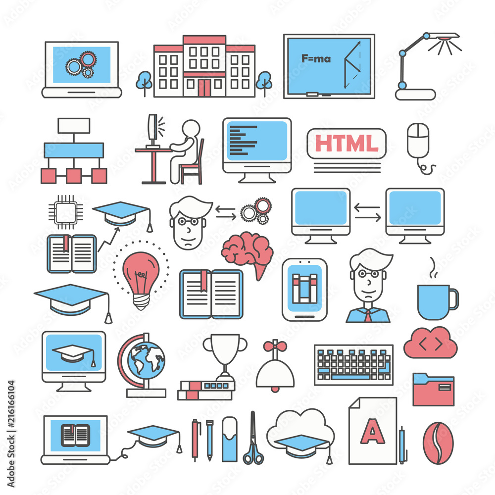 Vector thin line art style design study icon set Vector thin line art style design study icon set